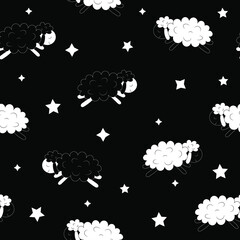 Black and white sheep pattern, jumping lambs, a night sky, stars and sheep seamless pattern
