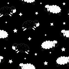 Black and white sheep pattern, jumping lambs, a night sky, stars and sheep seamless pattern