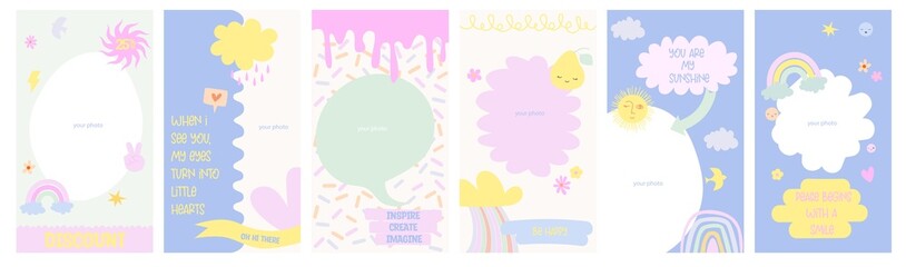 Template for social media collection. Vertical background. Hippie colorful design with positive quotes and fun elements. Baby design. Editable Vector Illustration.