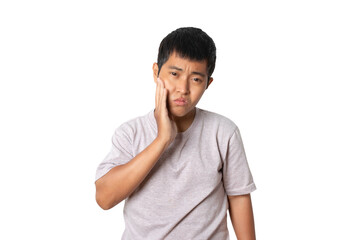 Fototapeta premium Portrait of young asian man showing gesture toothache. Hold hand on mouth.