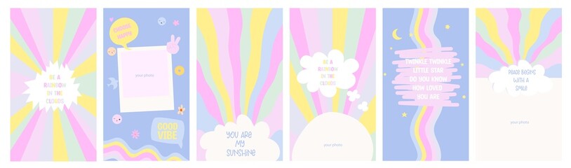 Template for social media collection. Vertical background. Hippie colorful design with positive quotes and fun elements. Baby design. Editable Vector Illustration.
