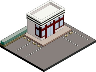 駐車場のあるコンビニエンスストアのアイソメトリックの3D立体イラスト.