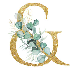 Golden SYMBOL & decorated with green Watercolor eucalyptus branches and leaves isolated © katrinshine