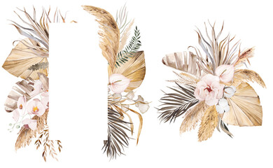 Watercolor Bohemian frame and bouquet with feathers, dried leaves and tropical flowers illustration © katrinshine