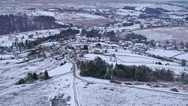 North York Moors National park, drone flight over Castleton village covered in snow - DJI Inspire 2 Prores 422 Late 2021