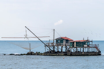 Seagulls flying over a traditional trebuchet fishing hut, Marina di Pisa, Italy