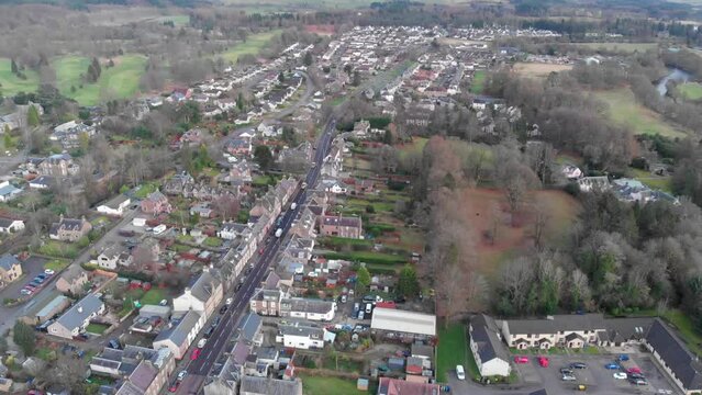 Drone footage. Hovering over the town of Callander, Scotland. 