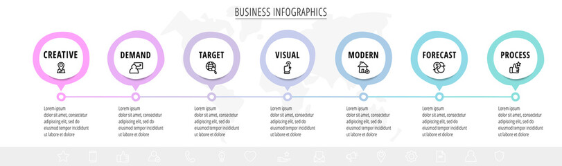Vector hand-drawn infographics with 7 circles and labels. Modern concept graphic process template with seven steps and symbols. Sketch timeline for business project on white background