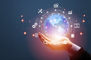 Business man showing the future world. Global Internet connection application technology.