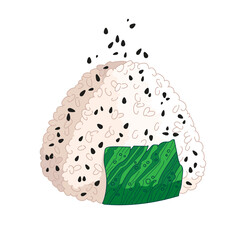 Vector illustration of Onigiri. Japanese fast food made of rice with stuffing, molded in the form of a triangle in nori seaweed.