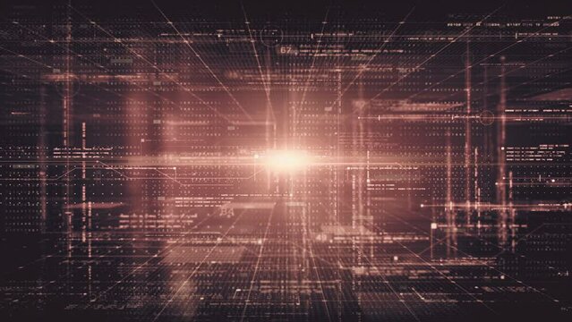 Futuristic cryptocurrency blockchain Matrix simulation of cryptographic hash mining concept, performing analytic computational. Loop Head Up Display background
