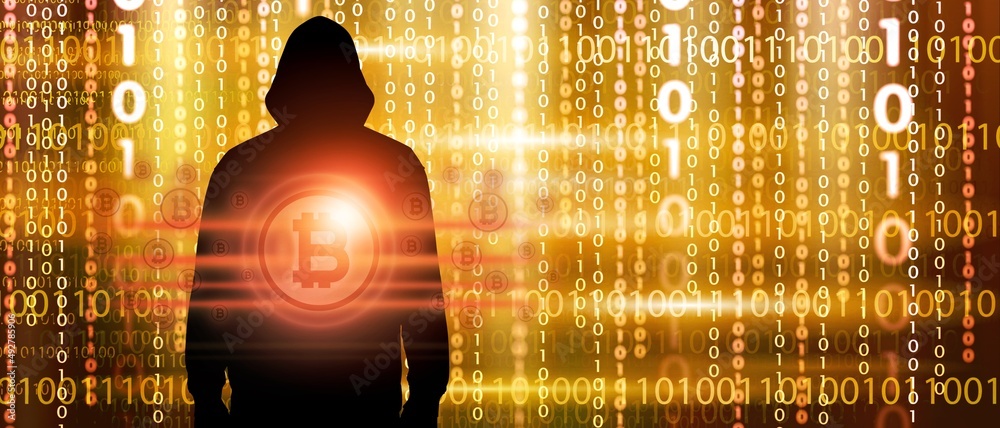 Poster Male hacker stealing crypto currency concept