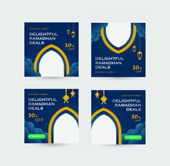 Social Media Post Promotion for Ramadan Sale set with elegant Blue and gold gradient colors with empty space for image