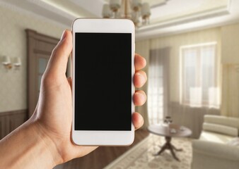 Internet of things. Focus on modern smartphone with blank screen for smart home control system