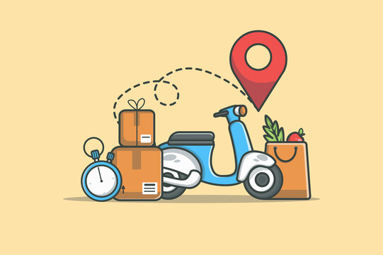 Delivery service concept in flat line design. Courier shipping color outline scene. Objects composition with motorcycle, bag with food, boxes, clock and pin location. Vector illustration with web icon