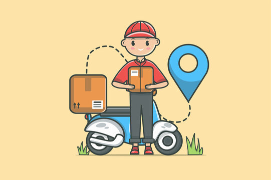 Delivery service concept in flat line design. Fast shipping color outline scene. Man courier holding parcel while standing by motorcycle with boxes and pin location. Vector illustration with web icon