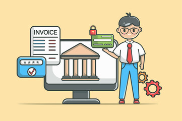 Online banking concept in flat line design. Financial service color outline scene. Man holding credit card while standing by computer with bank site and pays invoice. Vector illustration with web icon