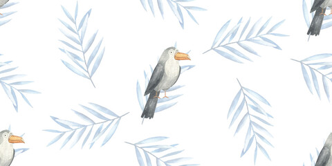 seamless pattern with safari animals, bird, tropical leaves, cute kids illustration