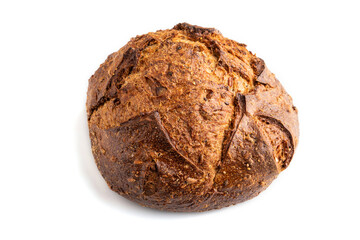 Fresh homemade golden grain bread with wheat and rye isolated on white, side view, close up.