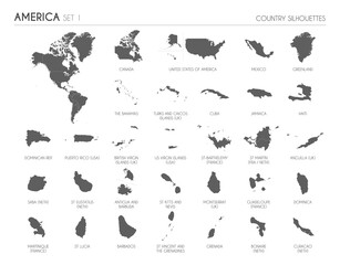 Set of 30 high detailed silhouette maps of American Countries and territories, and map of America vector illustration.