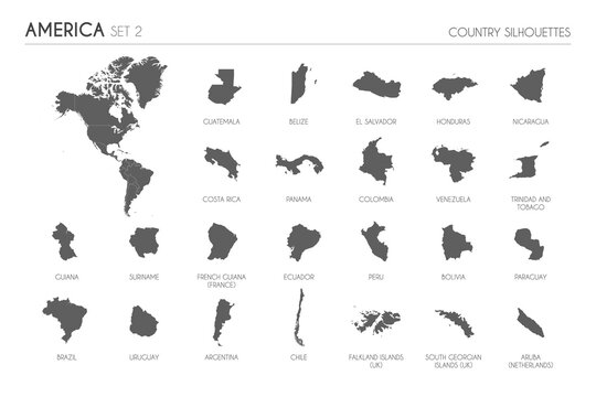 Set of 24 high detailed silhouette maps of American Countries and territories, and map of America vector illustration.