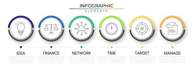 Horizontal row solid circular business annual infographic plan concept design vector with icons. Option timeline network template for presentation and report.