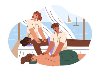 Obraz premium Couple of women friends getting back massage in luxury SPA salon on yacht. Masseurs and two people relaxing on couches during beauty treatment. Flat vector illustration isolated on white background