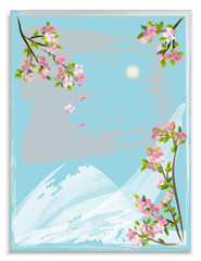 Spring watercolor background. Branches of blossoming cherry tree on a blue background. Abstract landscape