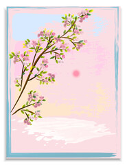 Watercolor spring template. Blooming cherry tree on a pink background. Suitable for posters, cards, invitations, covers, wall art and other graphic design