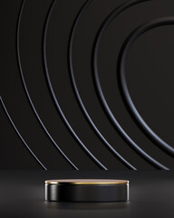 Black and gold podium on modern spiral background for product placement 3d render 