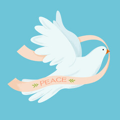 Flying pigeon of peace with ribbon bringing peace on blue background. Conceptual illustration symbol of no war, world peace. Vector background for International Day of Peace. 