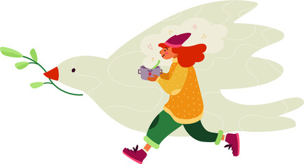 Dove of peace and girl volunteer. Symbol of goodness and charity.