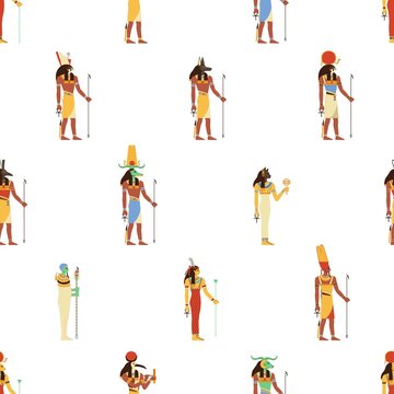 Seamless pattern with Ancient Egypts gods. Egyptian history background with repeating print, ornament of old deities. Endless historical texture design for decoration. Flat graphic vector illustration