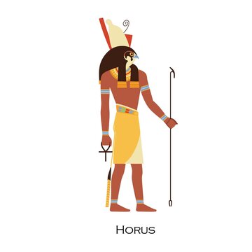 Horus profile, Egyptian god. Hor, Ancient Egypts deity of kingship and sky. Falcon-headed character of old civilization, history and religion. Flat vector illustration isolated on white background
