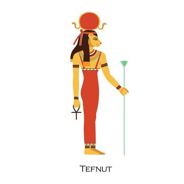 Tefnut, Ancient Egypts goddess with lioness head and sun disk. Female Egyptian god of moisture and rain. Old historical religious character. Flat vector illustration isolated on white background
