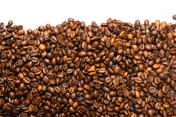 Coffee beans on a white background. Top view.