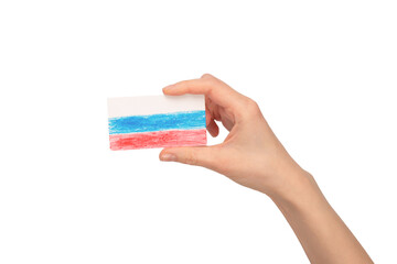 Russia flag in woman hands isolated on a white background.