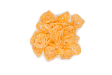 Crispy salted snacks on white background.