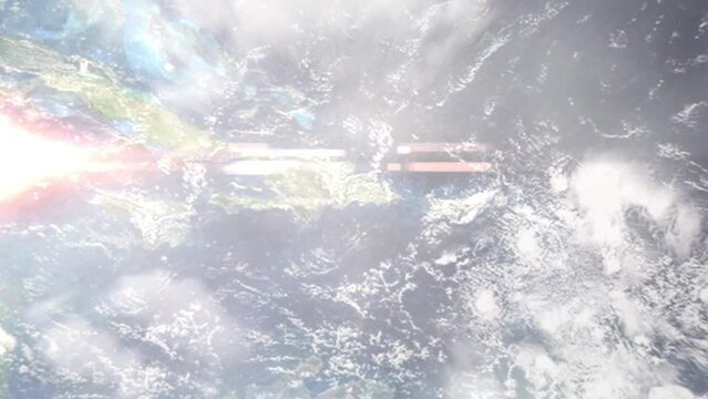 Earth zoom in from outer space to city. Zooming on Santo Domingo Este, Dominican Republic. The animation continues by zoom out through clouds and atmosphere into space. Images from NASA