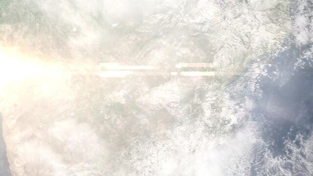 Earth zoom in from outer space to city. Zooming on Bulawayo, Zimbabwe. The animation continues by zoom out through clouds and atmosphere into space. Images from NASA