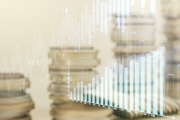 Multi exposure of virtual abstract financial graph interface on coins background, financial and trading concept