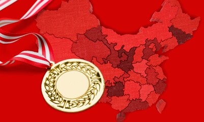 An Olympic Winter Games gold medal on a red background. - obrazy, fototapety, plakaty