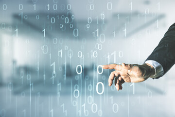 Man hand working with abstract virtual binary code illustration on blurred office background. Big data and coding concept. Multiexposure