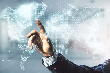 Fototapeta premium Multi exposure of businessman hand clicks on abstract graphic world map on blurred office background, big data and networking concept