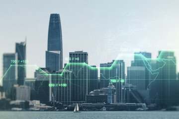 Double exposure of abstract virtual statistics data hologram on San Francisco city skyscrapers background, statistics and analytics concept