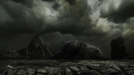 Spooky night. Scary and mystic theme, rocks and mountains in fog. Conceptual background for your...
