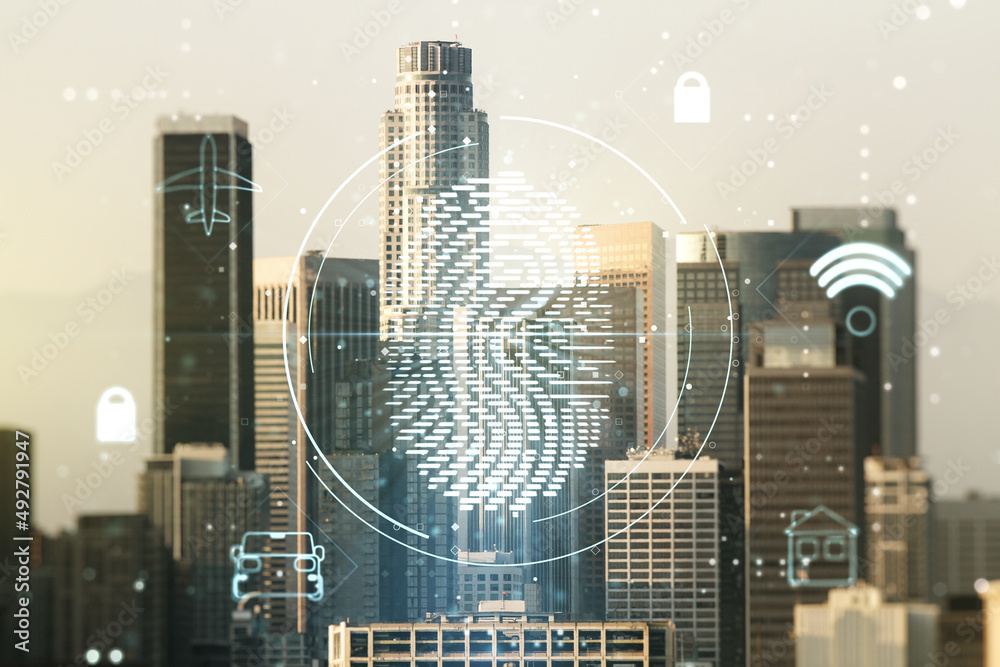 Aufkleber Multi exposure of virtual fingerprint scan interface on Los Angeles office buildings background, digital access concept