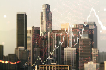 Double exposure of abstract creative financial diagram and world map on Los Angeles office buildings background, banking and accounting concept