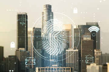 Multi exposure of virtual fingerprint scan interface on Los Angeles office buildings background, digital access concept