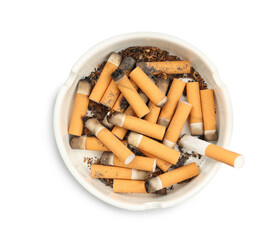 Ceramic ashtray full of cigarette stubs isolated on white, top view